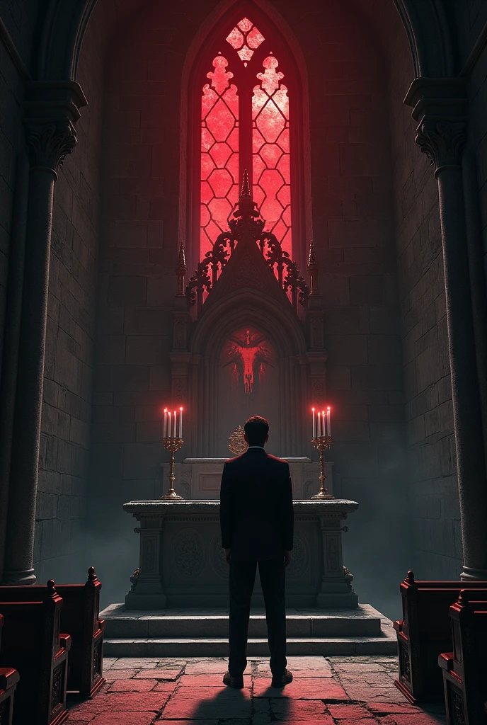 a blood-colored moon reflects through the windows, inside an old chapel with altar, man in suit waiting, a demon emerges from the chapel altar