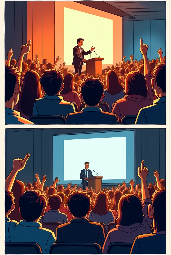a two-part comic book, The first part has a speaker giving a lecture and everyone in the audience raises their hands up..
in the second part there is a speaker and only one person has their hand raised.