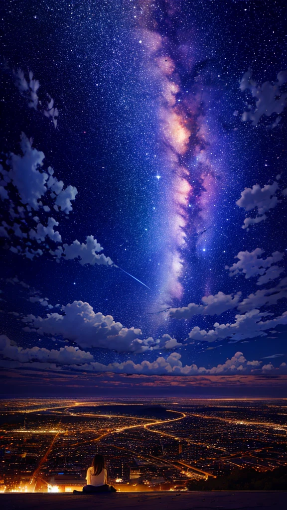octans, sky, star (sky), scenery, starry sky, night, 1girl, night sky, solo, outdoors, building, cloud, milky way, sitting, tree, long hair, city, silhouette, cityscape