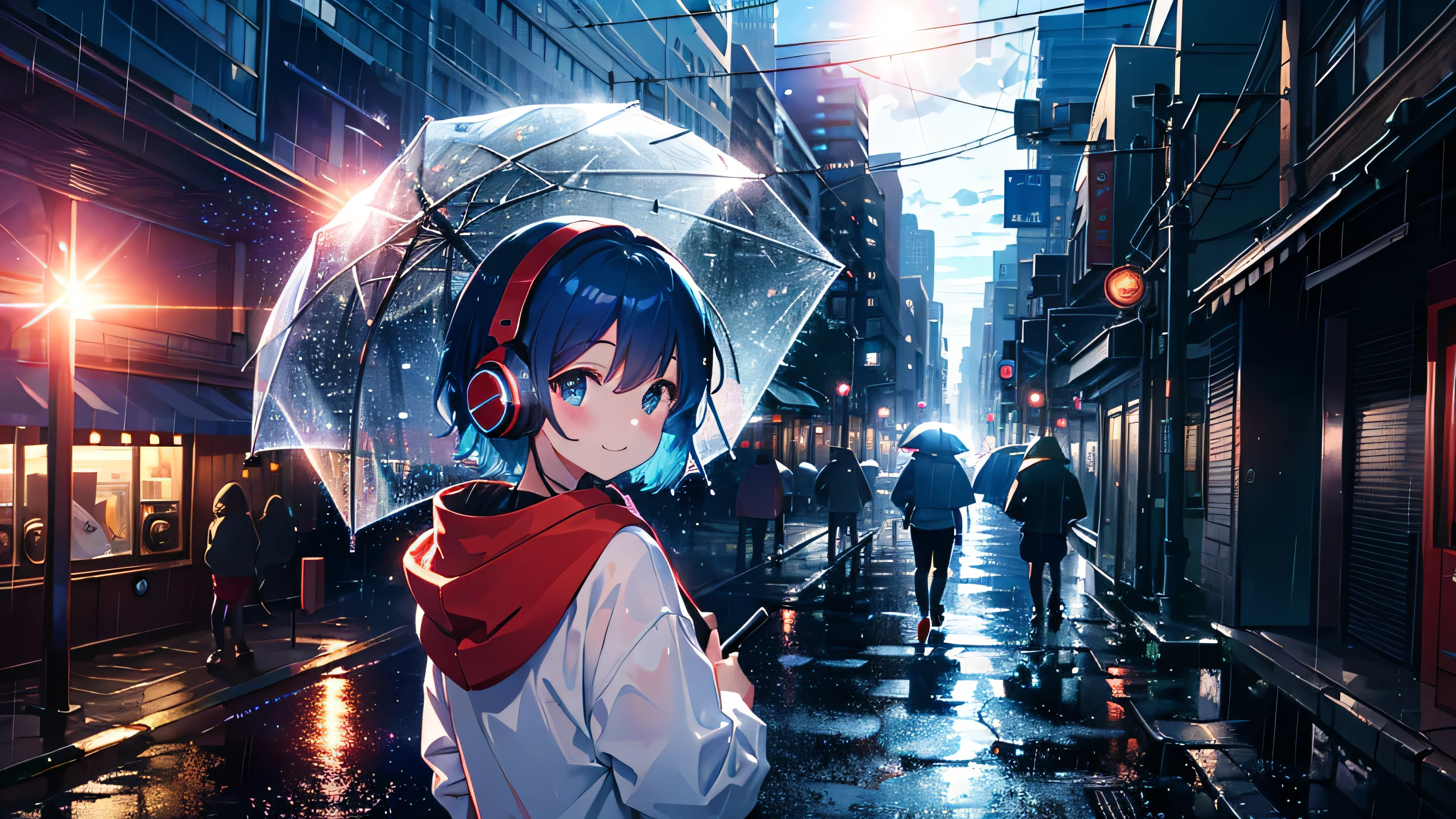 Absurd, High resolution,
Looking back at me, Rainy night city,Urban sidewalks、 Holding a red umbrella、signal machine、relax time, Fantastical light particles, Lens flare,A big smile、Blue Hair、(Red headphones:1.4)、(White hoodie:1.2)、Top view、(Shooting from a distance:1.2)、