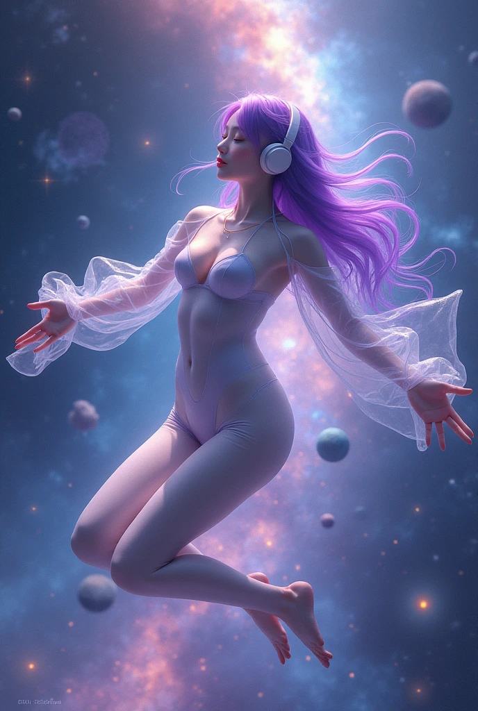 Korean purple hair butterfly woman with headphone in galaxy with universe transparent cosmic dust suit perfect full body realistic appear flying planets 