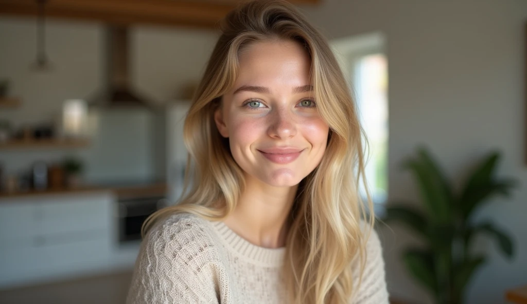 create an influencer at 3,(((hair blonde,Scandinavian,light green eyes,light brown skin,)))dappled,girl next door,Natural Photos, (((spontaneous photo,55 mm lens,)))permissive,in house, Background also sharp,(((smiling))), Further away from the camera ,natural posture, Don't look at the camera, (((The whole body should be visible, she is on her side standing sideways position )))