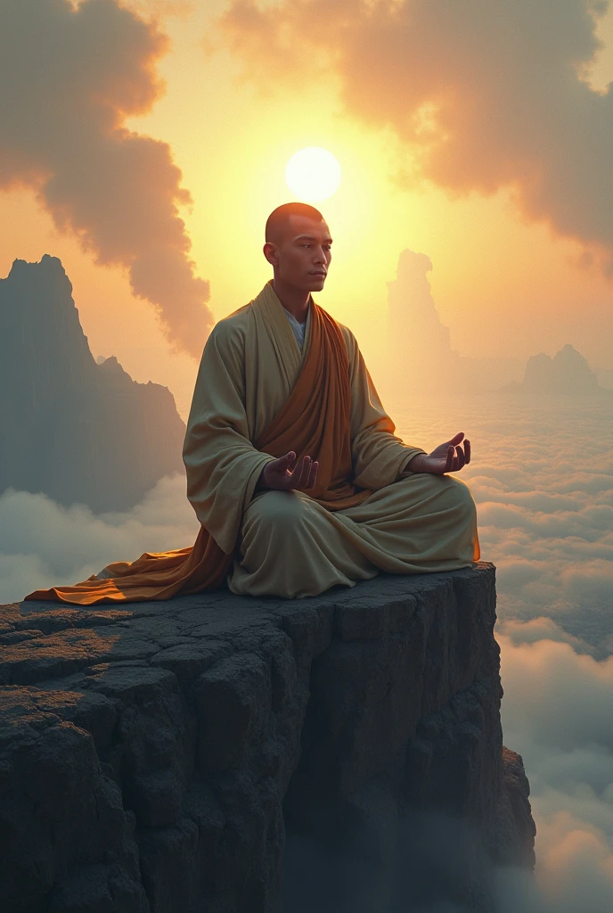 Raise a strong, young monk, he is meditating on a high mountain, he has an Aura around his body, the landscape is chaos, because your country is at war, he measured asking God to end the war