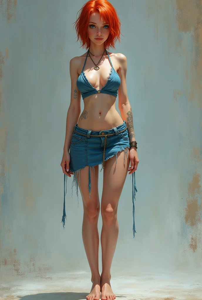 A (((full-body))), ((ultra-detailed)), ((masterpiece)) fantasy art ((illustration)) of a ((World of Warcraft)) character, in the style of the video game. She is a beautiful, young, female (((human))) with short red hair and blue eyes. She has exquisite caucasian features and ((very pale)) ((milky-white skin)). She has a ((very slim body)), with a tiny waist and skinny limbs, but her ((breasts are huge and round)), and look far too big for her slender little body. She is wearing only a ripped, skimpy blue top that reveals significant cleavage, and a torn, ((very short skirt)) that leaves her ((very thin thighs)) completely bare. She is standing with her ((back to the camera)), in a provocative pose that shows off her ((skinny legs)) and ((tight little ass)) and ((bare feet)). Her (((whole body from head to toe))) is shown.