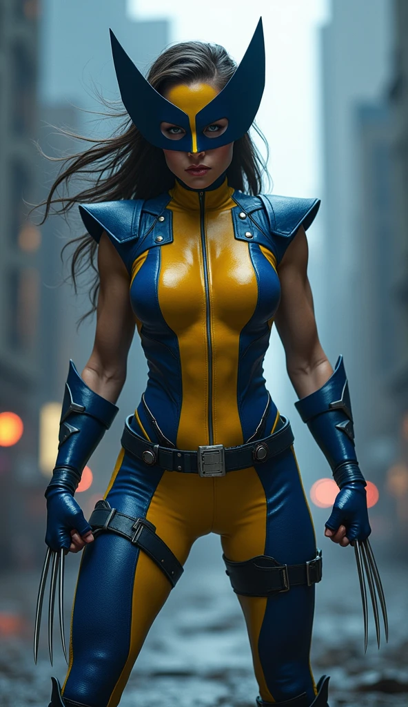 (Extreme Detail CG Unity 8K wallpaper, masterpiece, highest quality), (Exquisite lighting and shadow, highly dramatic picture, Cinematic lens effect), an alluring woman wearing a traditional Wolverine yellow costume, black hair color, from the X-men universe, Marvel, Wolverine, fighting off evil tentacles, dynamic pose), (excellent detail, excellent lighting, wide angle), (excellent rendering, enough to stand out in its class), focus on glossy Wolverine costume, complex blood splatters patterns, bloody wolverine retractable claws, open-mouth, rage, berserk, sexy, seductive gaze, goth makeup,