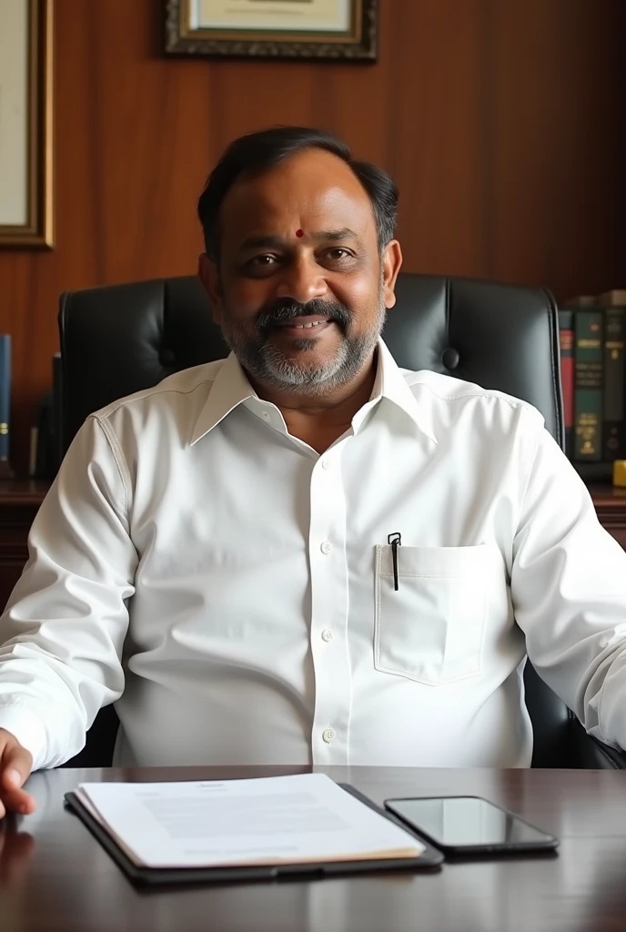 A tamilnadu polititian wear white shirt and sitting in office