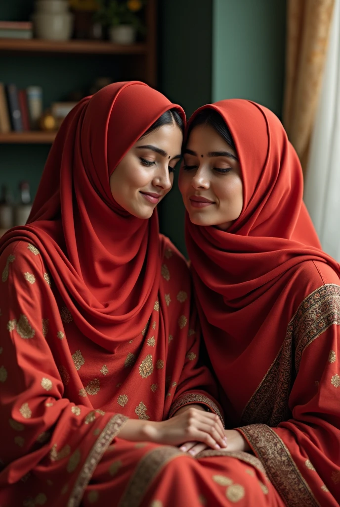 A Muslim newlywed wearing a red saree was sitting alone with her mother-in-law inside the house.