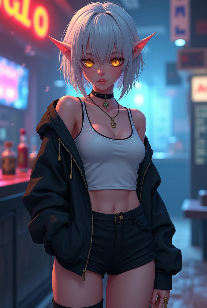 anime style {{ufotable style}}, female elf, beautiful yellow eyes, {{The Shining}}, her outfit is a white top with a black jacket and black short shorts, cyber iris, adult female character, beautiful intricate short white hair, athlete body shapes, surreal bar background, cold weather, beautiful leg, front view, luminism, three dimensional effect, 3D rendering, octane rendering, {{mix of bold dark lines and loose lines}}, isometric, stunning full color , {{ultra detailed face} }, {{rule of the third}}, 8k resolution, full body, cinematic lighting, close up