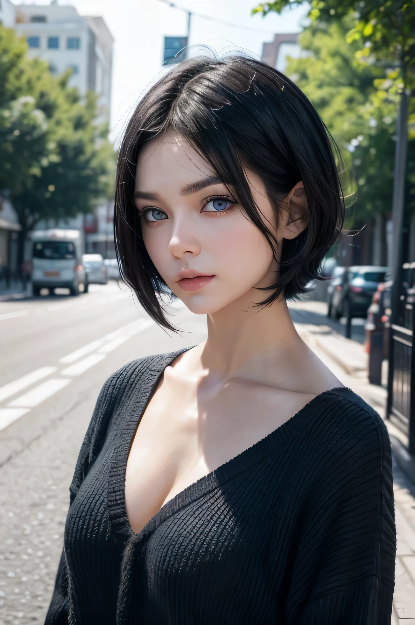 Create a female character with short black hair, blue eyes and fair skin.