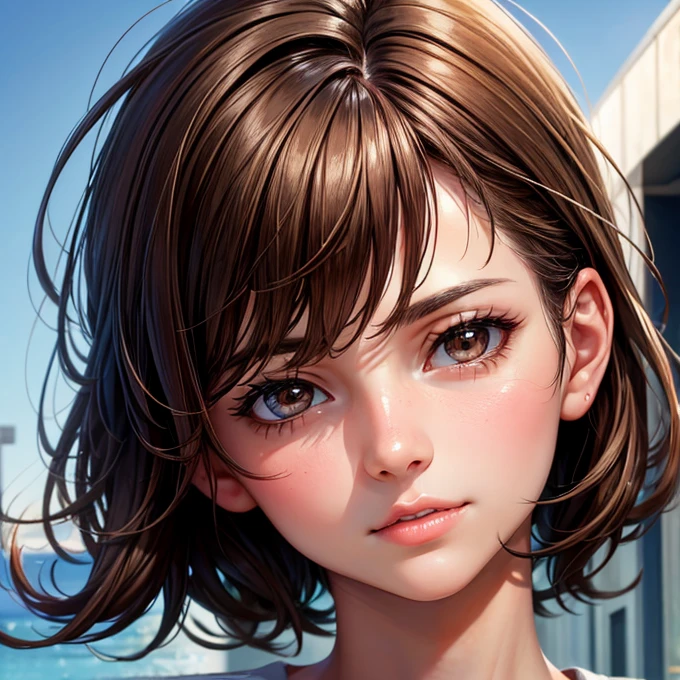Highest quality, work, (Realistic: 1,2), 1 girl, Brown Hair, Brown eyes, front, Detailed face, Beautiful Eyes Boyish feeling
