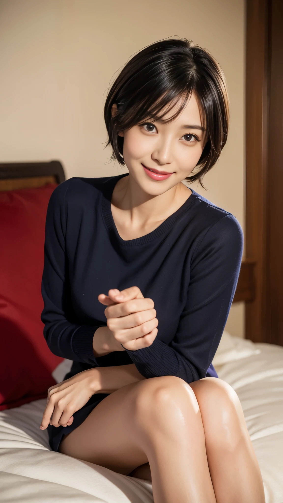 Portrait, 8k, high quality, realistic photo image, 44 yrs-. Age, Japanese woman, neat wife, housewife, natural and realistic eyes, Japanese standing, beautiful black hair, short hair, light makeup, accurate rendering, beautiful lighting, golden ratio composition, laughter, 4, Japanese woman, neat wife, housewife, natural and realistic eyes. Hair, light makeup, octane rendering, beautiful lighting, golden ratio composition, laughter, normal clothes, casual clothes, luxury city hotel, hotel room, sitting on bed, wearing red heels, background blur, high quality, pure Japanese style, beautiful wife, upper body, light makeup, no makeup. Makeup, neat, plain, red, purple, blue, plain, plain clothes, smiling, black eyes, background blurring.