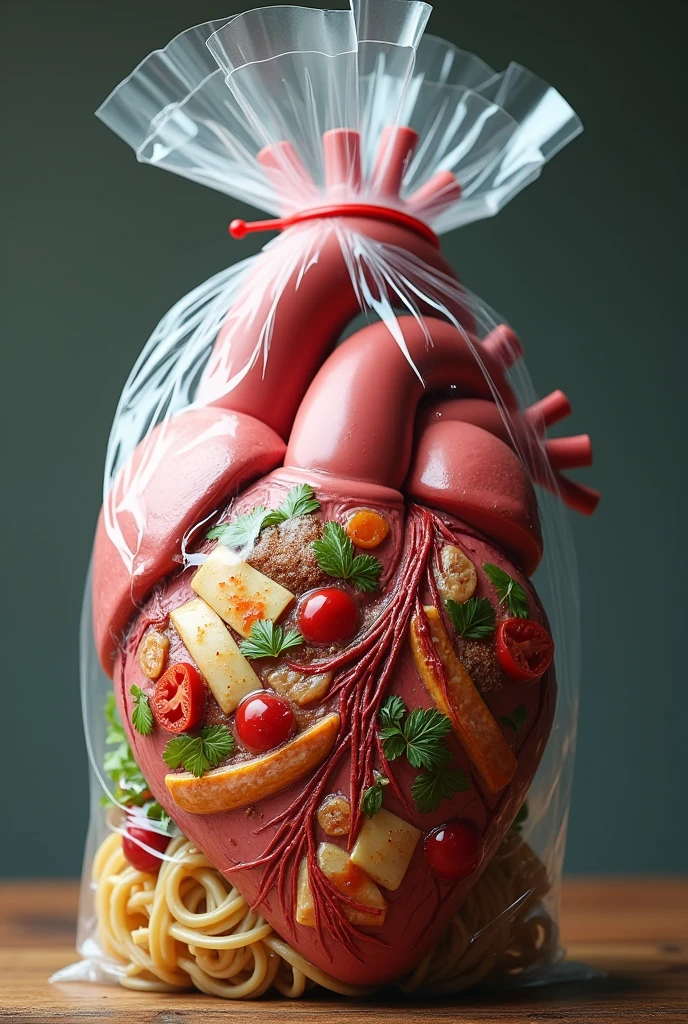 Make me a realistic heart filled with a collage of the plate of good food, the heart should be packed in a plastic bread bag 