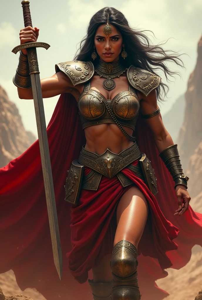 Indian muscled female general with sword, big bosoms