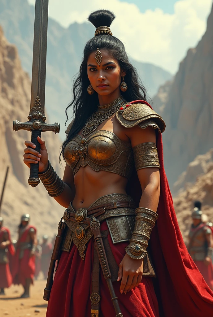 Indian muscled female general with sword, big bosoms