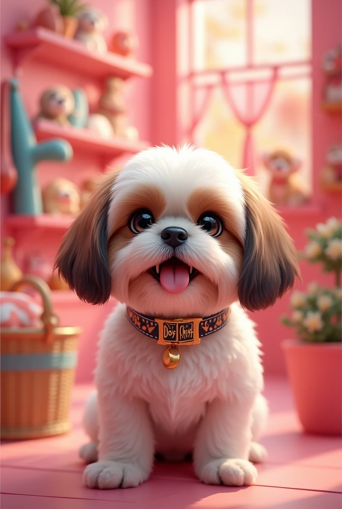 A cute little dog, happy in the pink pet shop. The collar should say Dog Chic, which is the name of the pet aesthetic.. The dog&#39;s breed must be shitzu