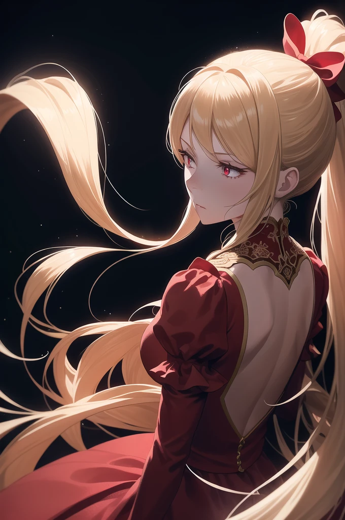 Particles of light, Soft lighting, Volumetric lighting, Intricate details, In detail,
One girl, alone,
Blonde, Long Hair, High Ponytail,
Red eyes, Long eyelashes, Thick eyelashes, View your viewers,
Red dress, Glamorous Dress, backless dress, Puff sleeves, Juliet Sleeve, (Long sleeve:1.2), Red Bow,
Black background, Simple Background,
