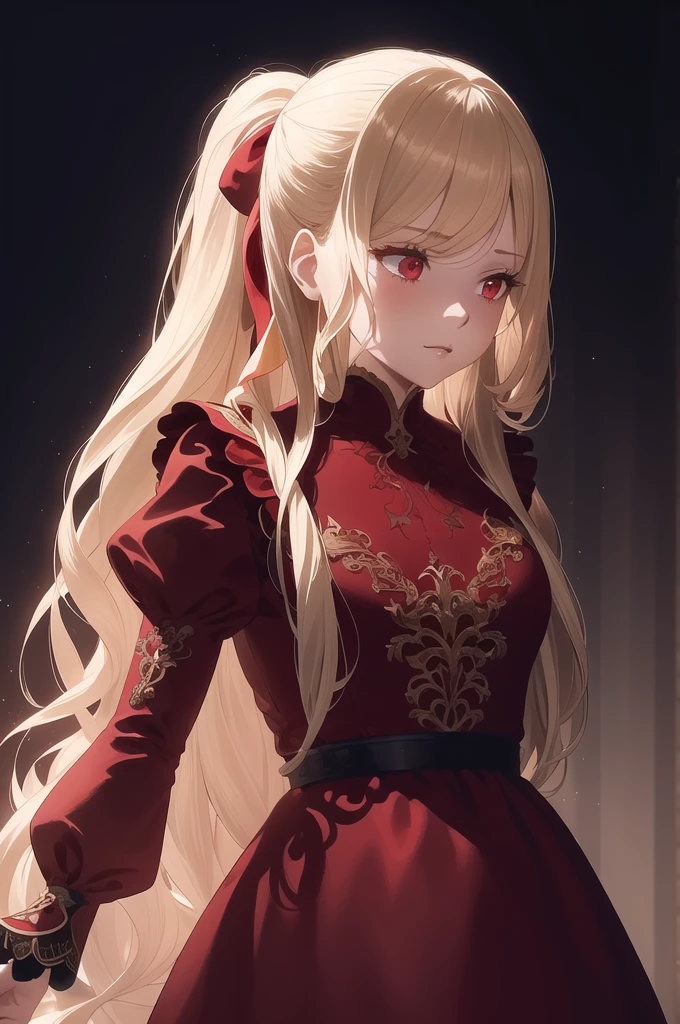 Particles of light, Soft lighting, Volumetric lighting, Intricate details, In detail,
One girl, alone,
Blonde, Long Hair, High Ponytail,
Red eyes, Long eyelashes, Thick eyelashes, View your viewers,
Red dress, Glamorous Dress, backless dress, Puff sleeves, Juliet Sleeve, (Long sleeve:1.2), Red Bow,
Black background, Simple Background,