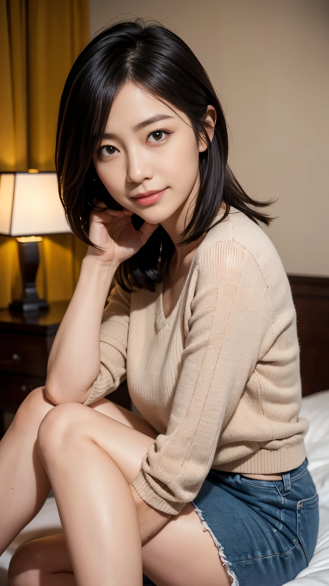 Portrait, 8k, high quality, realistic photo image, 44 yrs-. Age, Japanese woman, neat wife, housewife, natural and realistic eyes, Japanese standing, beautiful black hair, short hair, light makeup, accurate rendering, beautiful lighting, golden ratio composition, laughter, 4, Japanese woman, neat wife, housewife, natural and realistic eyes. Hair, light makeup, octane rendering, beautiful lighting, golden ratio composition, laughter, normal clothes, casual clothes, luxury city hotel, hotel room, sitting on bed, wearing red heels, background blur, high quality, pure Japanese style, beautiful wife, upper body, light makeup, no makeup. Makeup, neat, plain, red, purple, blue, plain, plain clothes, smiling, black eyes, background blurring.