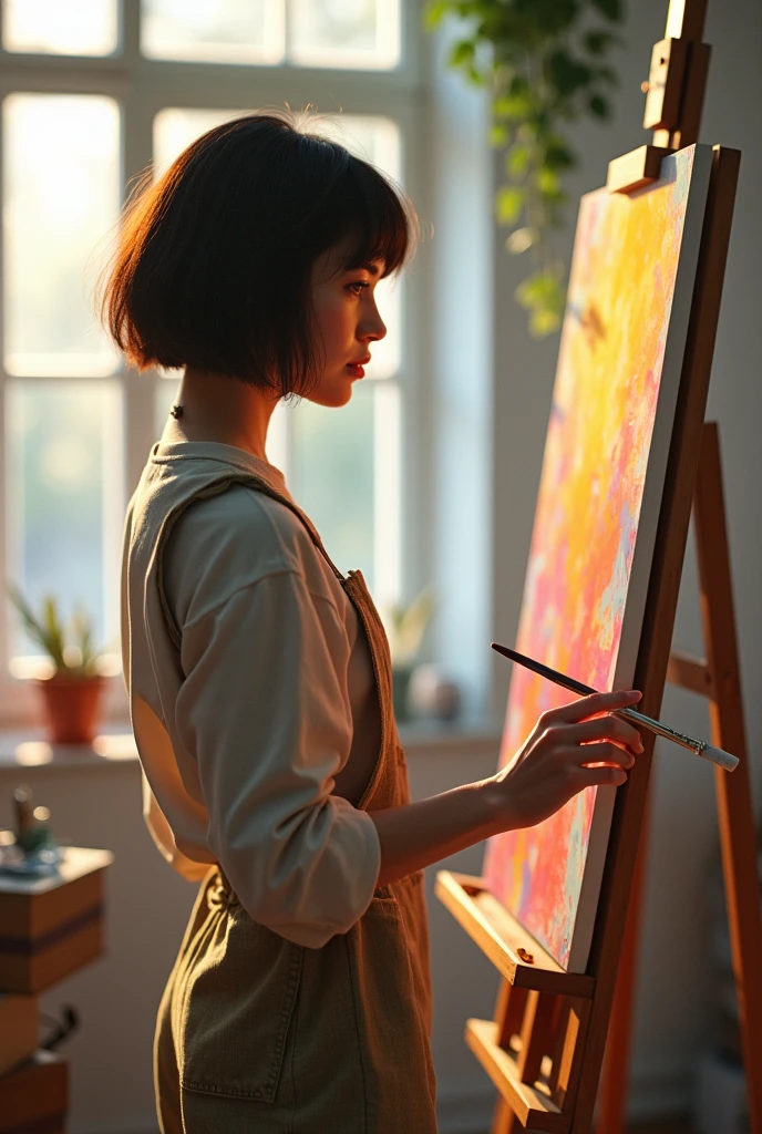 A mid 26 usa woman with a bob haircut, wearing a loose-fitting painter's smock, standing in front of an easel, painting a vibrant abstract canvas in a sunlit studio.