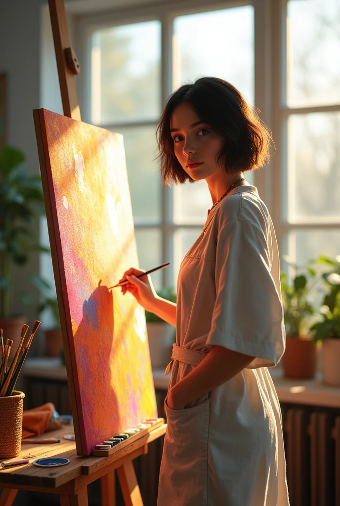 A mid 26 usa woman with a bob haircut, wearing a loose-fitting painter's smock, standing in front of an easel, painting a vibrant abstract canvas in a sunlit studio.