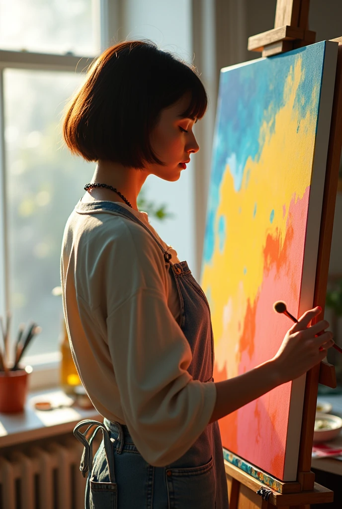 A mid 26 usa woman with a bob haircut, wearing a loose-fitting painter's smock, standing in front of an easel, painting a vibrant abstract canvas in a sunlit studio.
