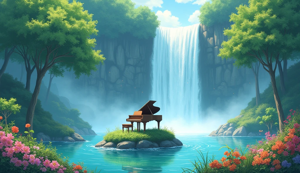 This image is、I draw tranquil natural scenery.。In the center is a grand piano placed on the island.、A waterfall cascades in the background.、Lush tree々It is surrounded by。In the foreground there are colorful flowers、The soft light of early morning or evening envelops the whole.。This scene、It creates a peaceful and magical atmosphere.。Fantastic watercolor style。Makoto Shinkai-style anime。Green foliage tree