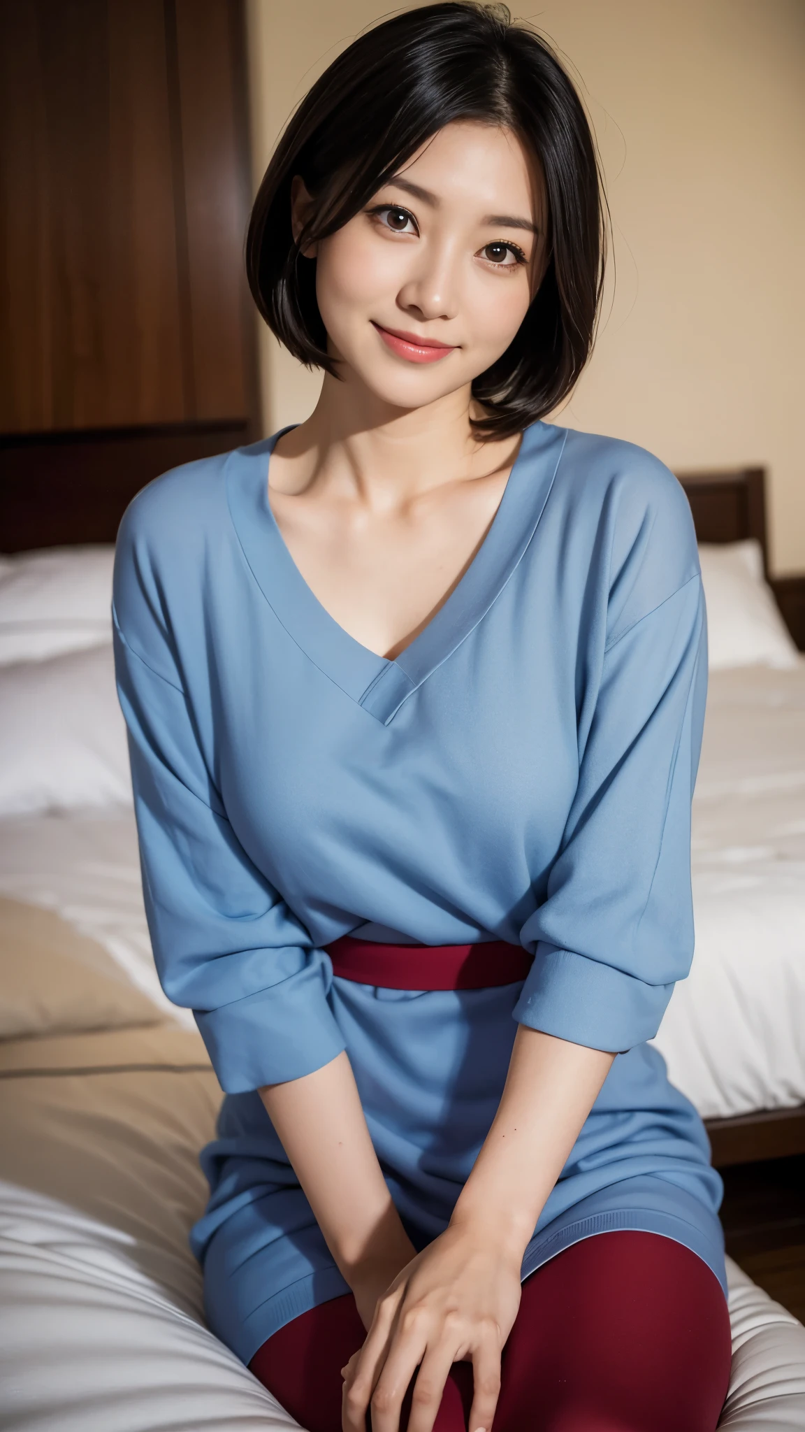 Portrait, 8k, high quality, realistic photo image, 44 yrs-. Age, Japanese woman, neat wife, housewife, natural and realistic eyes, Japanese standing, beautiful black hair, short hair, light makeup, accurate rendering, beautiful lighting, golden ratio composition, laughter, 4, Japanese woman, neat wife, housewife, natural and realistic eyes. Hair, light makeup, octane rendering, beautiful lighting, golden ratio composition, laughter, normal clothes, casual clothes, luxury city hotel, hotel room, sitting on bed, wearing red heels, background blur, high quality, pure Japanese style, beautiful wife, upper body, light makeup, no makeup. Makeup, neat, plain, red, purple, blue, plain, plain clothes, smiling, black eyes, background blurring.