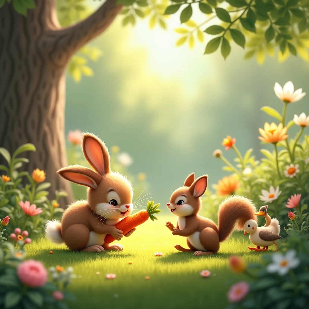 sunny blue sky, little brown bunny nibbled carrot with squirrel and duck in the garden