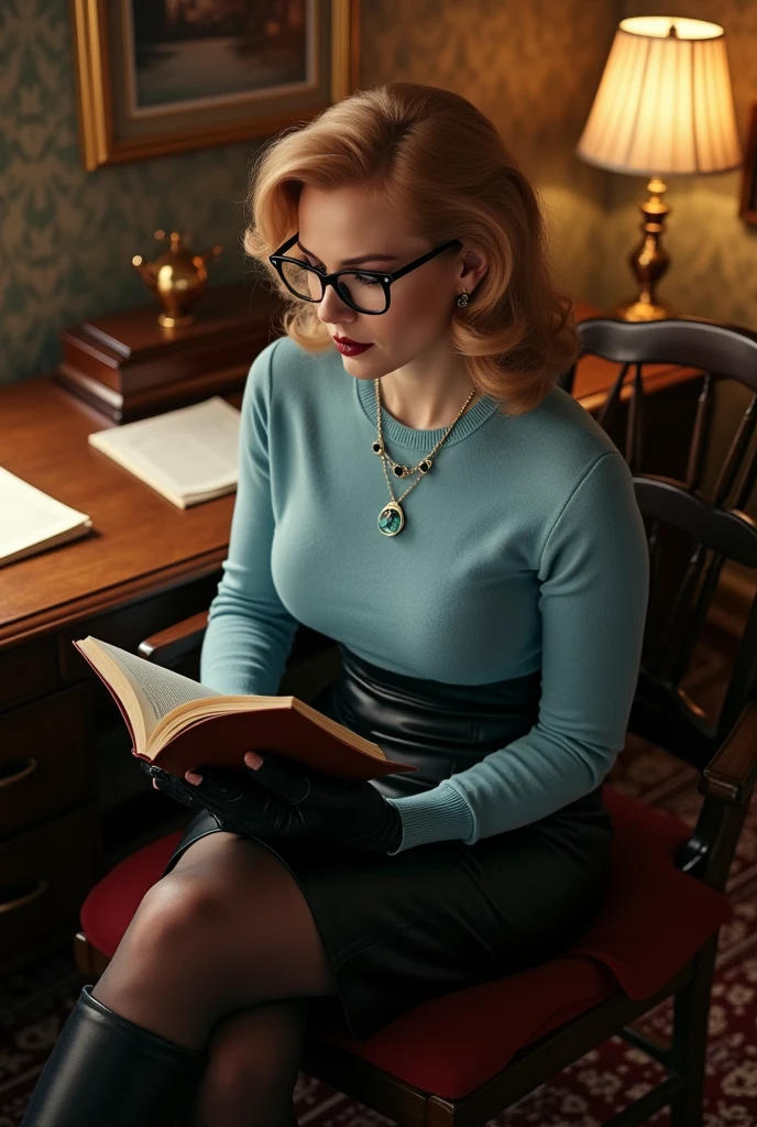 professionally color graded photo. (Amy Adams). Night time. strawberry blonde bombshell perm hair. wearing half frame reading glasses. Sitting at a vintage desk in a vintage office chair. reading a book. Modesty. in a den with vintage wallpapered walls. (Wearing light blue colored tight fitted sweater). . ((elbow length black leather gloves)). Black knee length leather skirt. wearing black leather knee high heel boots. pantyhosuamarine pendant necklace. Smoky eyeshadow. heavy eyeliner. dark red lips. light from small banker lamp on desk. view from front. POV from above. Smiling. Accurate proportions.
