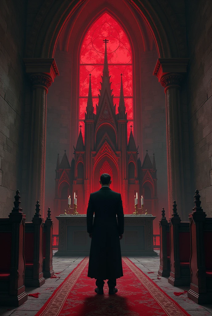 a blood-colored moon reflects through the windows, inside an old chapel with altar, man in suit waiting, a demon on the chapel altar
