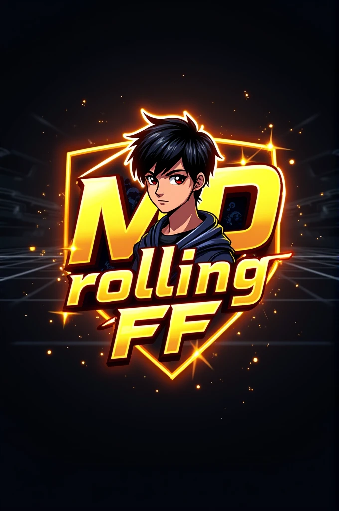 This is a gaming logo that features the name MD Rolling FF" in a futuristic font and a neon Golden color. and Boy Anime avtar, The logo also has a stylized controller icon . The logo is designed to be attractive and eye-catching, and to appeal to gaming enthusiasts and