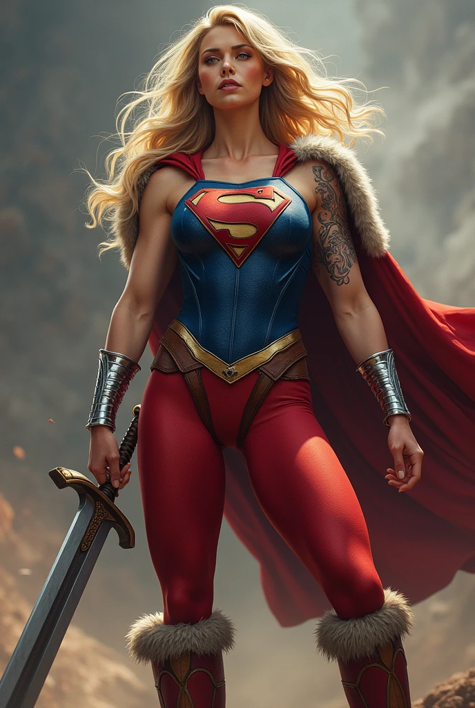 ((((Supergirl Woman of thick build with muscles in arms and legs)))),(((A beautiful woman with long blonde hair ruffled by the wind))),(((Blue corset with wide brown leather harness)))),((((Red legis)))),((((Red boots on sheepdog con borde)))),(((Sheepskin on his shoulders))),(((Tattoos on one of his arms)))),((((Giant Broad-Brimmed Sword)))),(((Red legis))),(((Red boots on sheepdog))),(((Blue corset with Supergirl emblem )))),((((Silver-colored metal bracelets oscuros)))),((((woman with a thick build, muscular arms and legs)))),((((Silver-colored metal bracelets)))