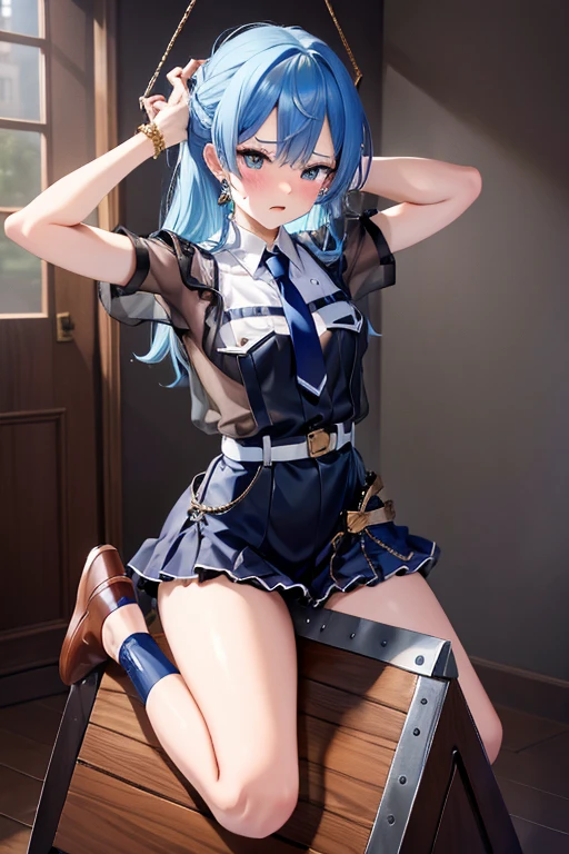 (masterpiece), best quality, expressive eyes, perfect face,nsfw:1.2,full body,embarrassed:1.2,breathless:1.4,Steam around the mouth:1.1,full-face blush:1.3,angry:1.1,dashed eyes,Grit your teeth,see-through,Straddle the wooden horse:1.4,arms raised in the air:1.3, bound wrists,Bend your knee:1.2,Tie your ankles, shackles the ankles:1.1,rope,The rocking horse is too high for my feet to reach:1.1,bottomles