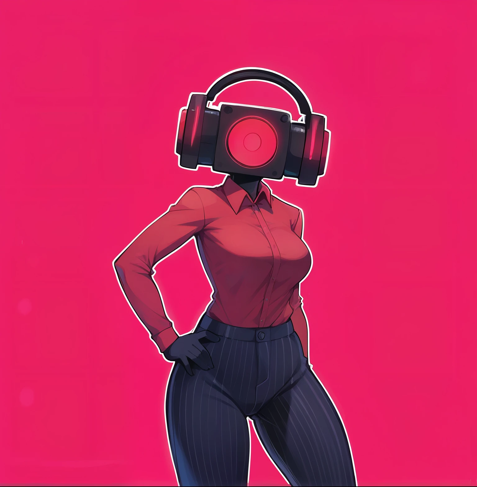 score_9, score_8_up, score_7_up, score_6_up, score_5_up, score_4_up, (1girl), (masterpiece, best quality, ultra-detailed), Speaker Woman, humanoid female with a large red speaker for a head, sleek black pinstripe suit, fitted jacket with a tie, long sleeves, form-fitting pants, confident and assertive pose, black gloves, glowing red, vibrant red background, simple lighting, dynamic composition, smooth shading, clean lines, clear focus, full-body view, robot_head_speaker, real human body, robot_head_speaker_woman, Black full body suit elegant with stripes with, Red shirt underneath, robot_head_speaker, red shirt, big headphones, Nyantcha style, GLaDOSSDXL, Glados, mechanical parts, humanoid robot, Short hair,