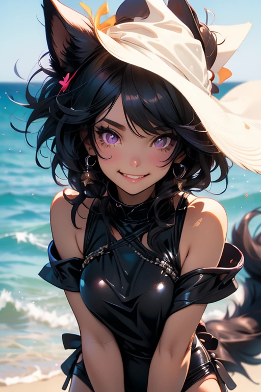 Perfect face. Perfect hands. A black haired woman with violet eyes and black fox ears and a black fox tail in a cute one-piece swimsuit is smiling while leaning forward at the beach