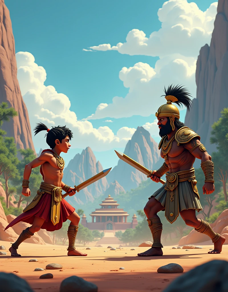 Generate in cinemetic 3d cartoon**Illustrate the challenges faced when competing against industry leaders or seasoned professionals. How can one effectively prepare and strategize in such scenarios?**in Mahabharat time pictures