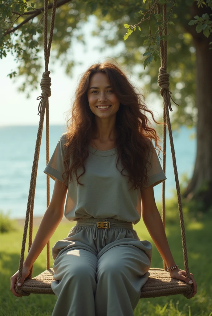 A very beautiful woman , Wear an oversized gray T-shirt. , Big trousers , Brown hair tends to black. , long hair , Beautiful curly hairstyle , Have a beautiful skin color , Sitting on a swing tied to a tree , In the backyard , There is a sea , She turned to me with a happy smile. , She is the woman of my dreams. , She has no face , She is the one who makes us happy in our dreams.