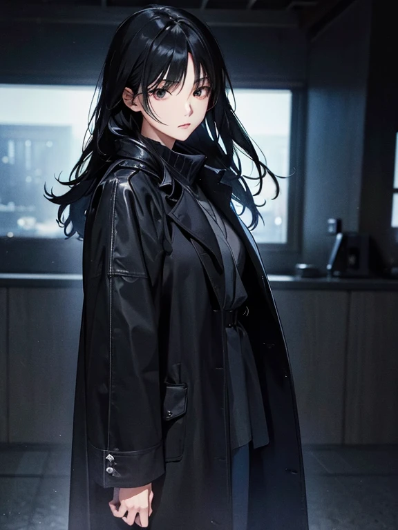 Black Hair、Cold look:1.5、Japanese Teens、Dark Background、One Cool Lady:1.2、Long coat、Sharp Eye、night、Don&#39;t look at the camera:1.2、Sad face