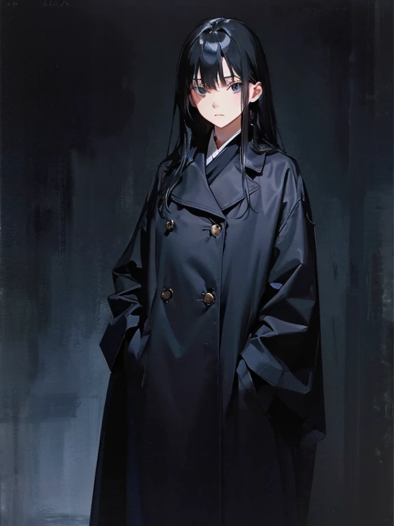 Black Hair、Cold look:1.5、Japanese Teens、Dark Background、One Cool Lady:1.2、Long coat、Sharp Eye、night、Don&#39;t look at the camera:1.2、Sad face
