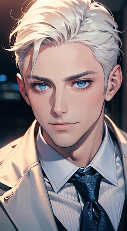 (Highest quality,4K,8K,High resolution,masterpiece:1.2),Super detailed,(Realistic,photoRealistic,photo-Realistic:1.37),1 personld,Mature Men,Beautiful skin、very handsome,Expressionless,smile,Short white hair,blue eyes,Sharp Eyes,A perfect face without a doubt,Businessman,Office Background,Cinema Lighting,HDR image,tie、