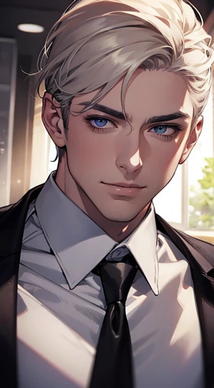 (Highest quality,4K,8K,High resolution,masterpiece:1.2),Super detailed,(Realistic,photoRealistic,photo-Realistic:1.37),1 personld,Mature Men,Beautiful skin、very handsome,Expressionless,smile,Short white hair,blue eyes,Sharp Eyes,A perfect face without a doubt,Businessman,Office Background,Cinema Lighting,HDR image,tie、