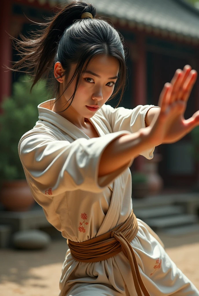 Real hot asian girl practicing kung fu. Hyperrealistic style