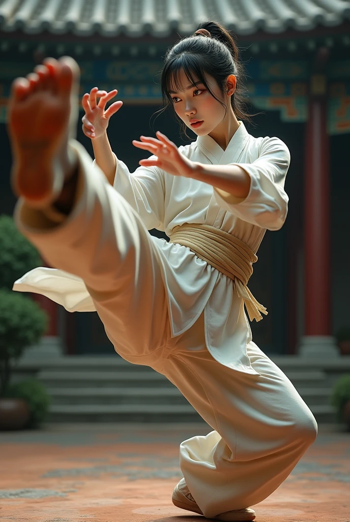 Real hot asian girl practicing kung fu. Hyperrealistic style