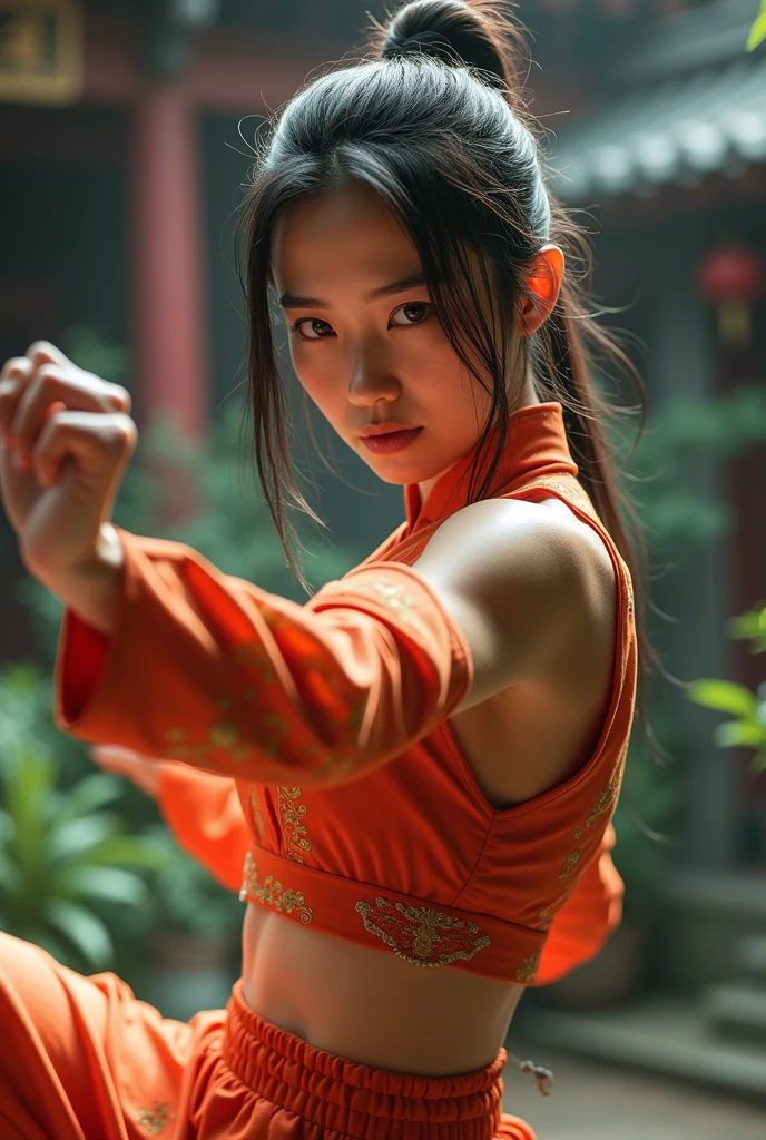 Real hot asian girl practicing kung fu. Hyperrealistic style