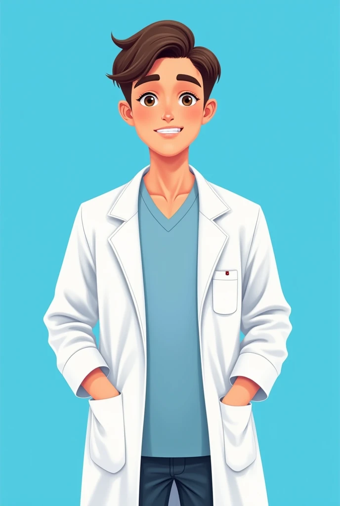 Request a 2D male pharmacist picture with a middle-parted hairstyle, looking like a teenager, good test, blue background.