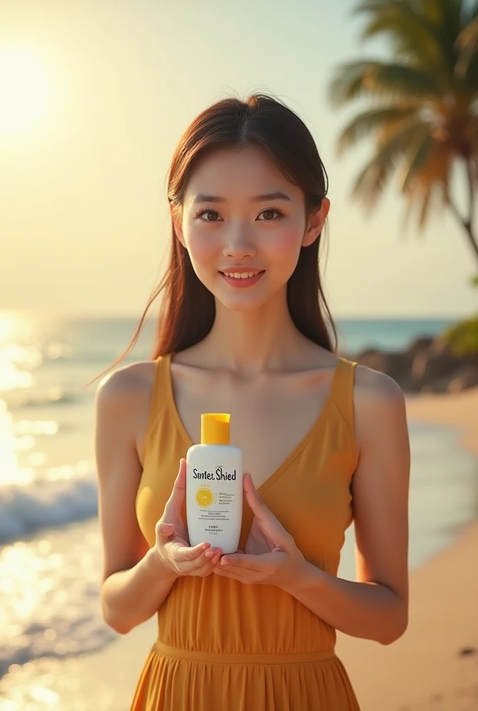 Girl with Modest closed dress promoting Suncream named SunTea Shield with beach and sun background