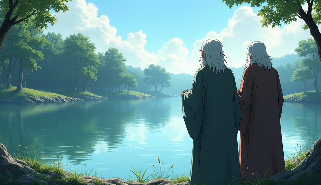 Hiro and Master Koji oldwith white long hair and beard stand side by side, quietly observing the pond as the ripples gradually fade. The water becomes still again, mirroring the surrounding trees and the clear blue sky above. The scene captures the moment of calm returning to the pond, symbolizing the return of peace after disturbances. The soft light of the late afternoon gently illuminates both Hiro's contemplative expression and Master Koji's serene face