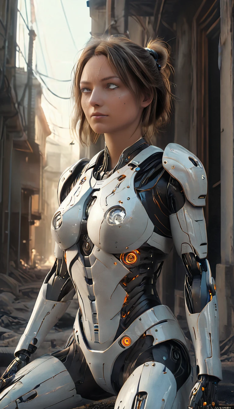 A futuristic, high-resolution digital artwork of a female cyborg kneeling in a ruined futuristic city, deeply immersed in a moment of introspection. The cyborg's sleek, silver-white synthetic armor is intricately detailed with orange accents, featuring visible mechanisms and electronic components that reveal a blend of human and robotic features. Her right arm showcases exposed circuitry, glowing LED indicators, and fine wires that run along the joints, while her torso armor is partially open, revealing microprocessors, hydraulic pistons, and cooling systems, all subtly lit by a soft, bluish glow. The spinal area is designed with articulated segments containing small servo motors and sensors, highlighting the precision engineering of her body. Her platinum blonde hair is tied up in a loose, messy bun, with a few strands gently framing her bowed face, lost in thought. The setting is a devastated cityscape filled with crumbling buildings, scattered rubble, and burning fires. The background is smoky, with thick plumes rising from the ruins, while flying sparks and embers dance in the air, casting a warm, flickering light across the scene. The soft, diffused lighting highlights the metal surfaces and enhances the melancholic, dystopian atmosphere. The shot, captured from a side angle, emphasizes the intricate design of her robotic limbs, glowing electronic elements, and the quiet intensity of her expression against the chaotic, smoldering ruins of the city.