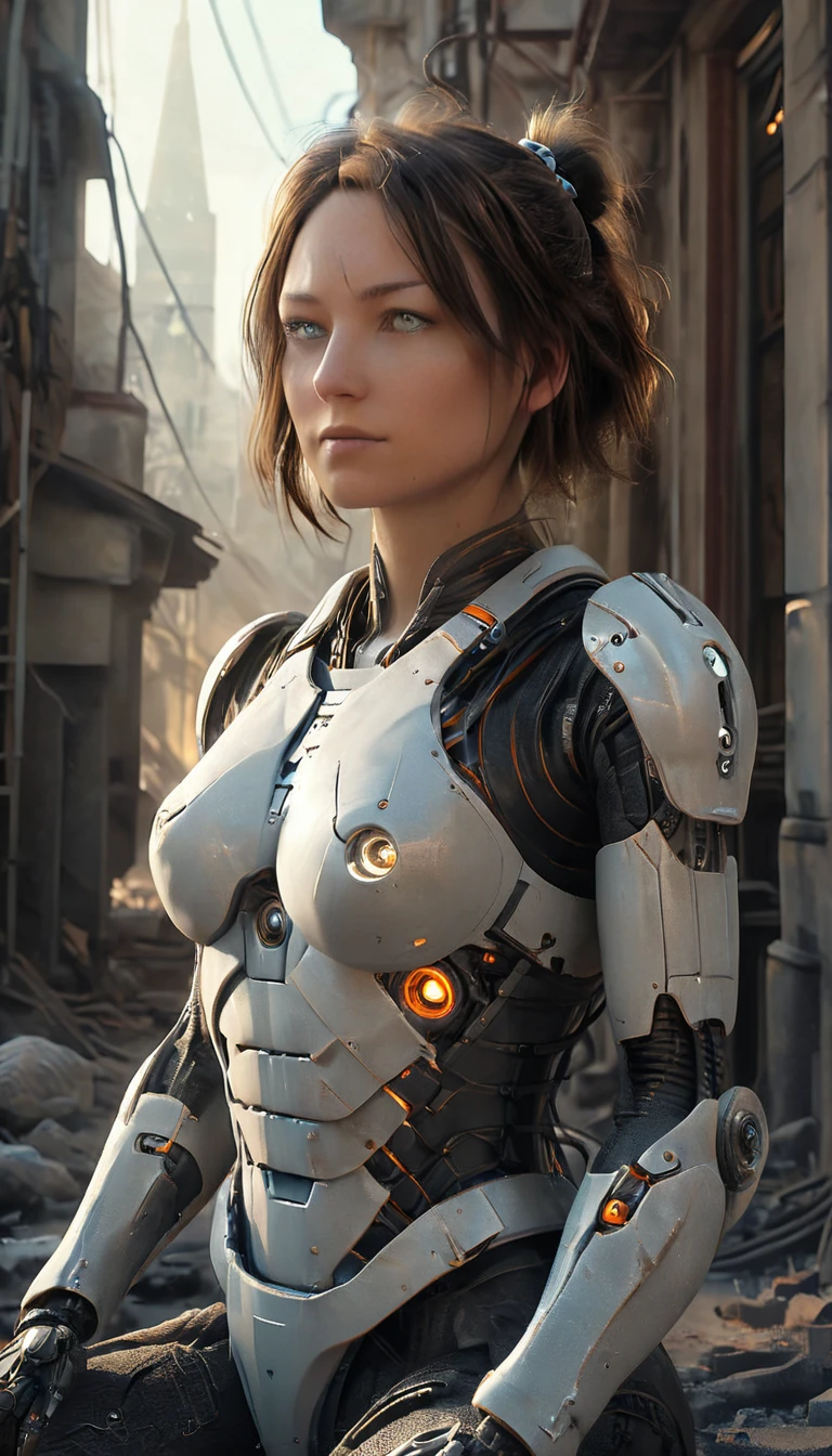 A futuristic, high-resolution digital artwork of a female cyborg kneeling in a ruined futuristic city, deeply immersed in a moment of introspection. The cyborg's sleek, silver-white synthetic armor is intricately detailed with orange accents, featuring visible mechanisms and electronic components that reveal a blend of human and robotic features. Her right arm showcases exposed circuitry, glowing LED indicators, and fine wires that run along the joints, while her torso armor is partially open, revealing microprocessors, hydraulic pistons, and cooling systems, all subtly lit by a soft, bluish glow. The spinal area is designed with articulated segments containing small servo motors and sensors, highlighting the precision engineering of her body. Her platinum blonde hair is tied up in a loose, messy bun, with a few strands gently framing her bowed face, lost in thought. The setting is a devastated cityscape filled with crumbling buildings, scattered rubble, and burning fires. The background is smoky, with thick plumes rising from the ruins, while flying sparks and embers dance in the air, casting a warm, flickering light across the scene. The soft, diffused lighting highlights the metal surfaces and enhances the melancholic, dystopian atmosphere. The shot, captured from a side angle, emphasizes the intricate design of her robotic limbs, glowing electronic elements, and the quiet intensity of her expression against the chaotic, smoldering ruins of the city.