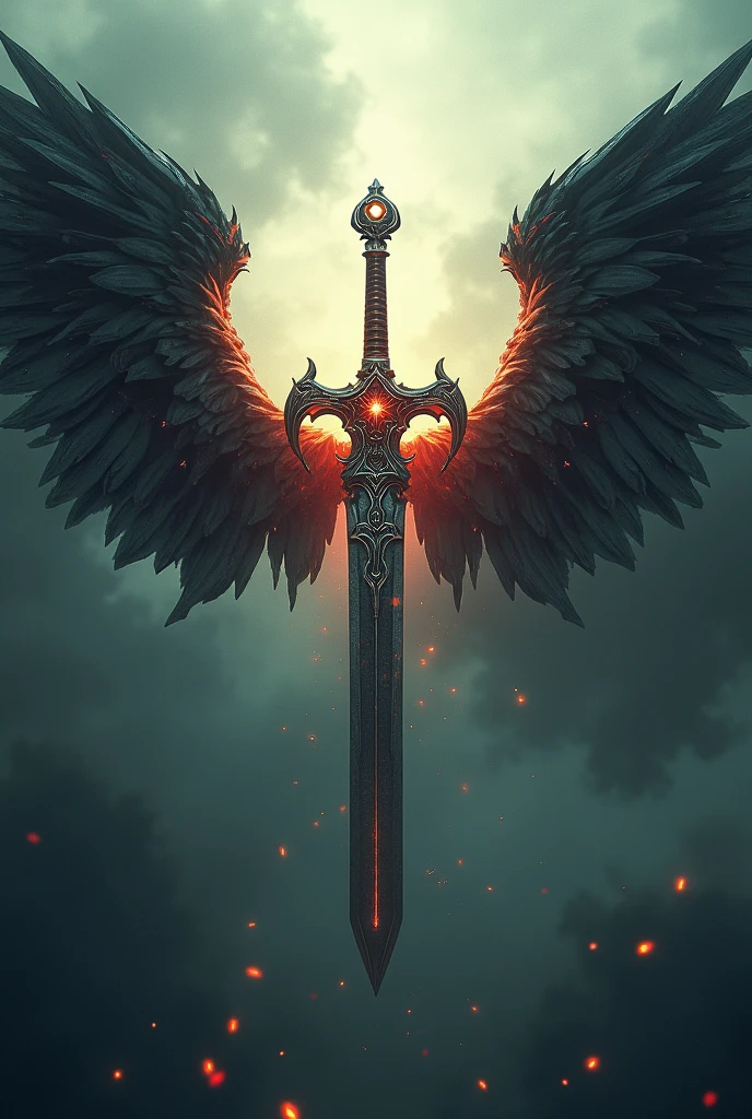 (photorealism:1.2), hell and heaven wings sword in middle make unique without figures of human or any skeleton make it evil and angel type 